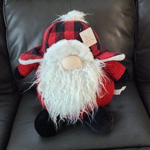 No Eyes Sitting Gnome Wearing Red and Black Cap With Ear Flaps, New